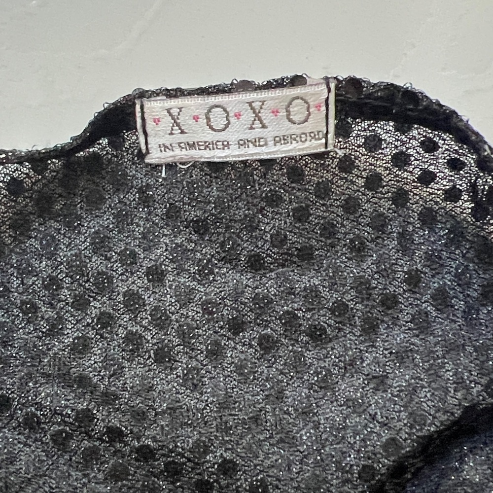 XOXO Black Sequin Halter Top, Gold Necklace Holder, Lined Front, Sheer Back - Picture 5 of 6